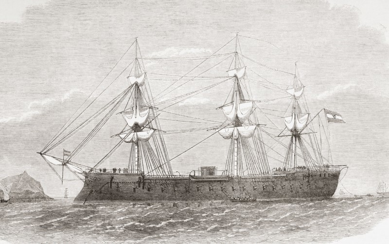 The Spanish ironclad frigate Numancia in the port of Callao.
