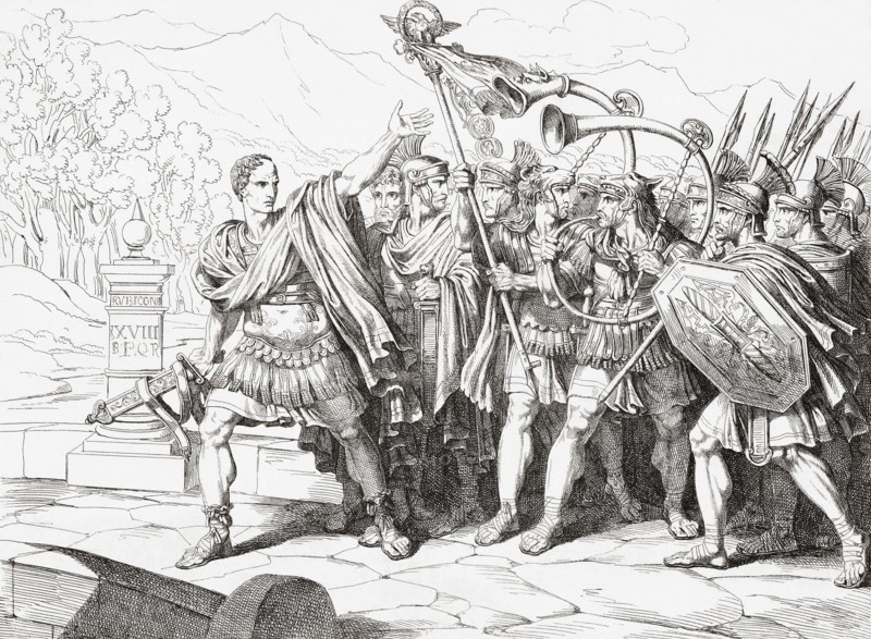 Julius Caesar poised to cross the Rubicon in 49 BC.