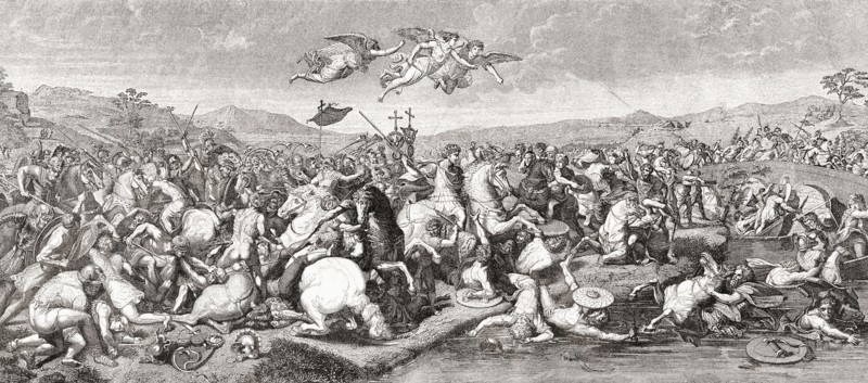 The victory of Roman Emperor Constantine I over Maxentius at The Battle of the Milvian Bridge.