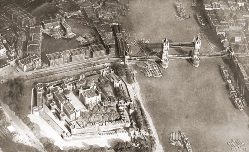 Aerial view of the River Thames and Tower Bridge.