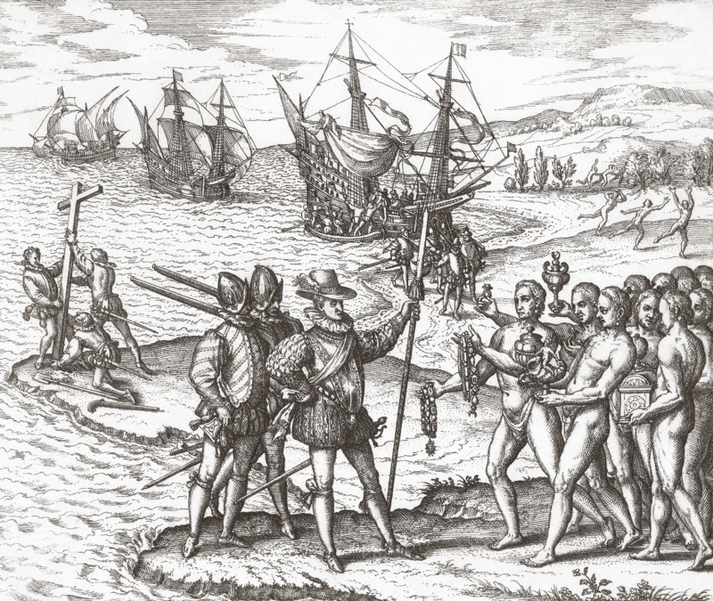 Christopher Columbus lands in the New World.