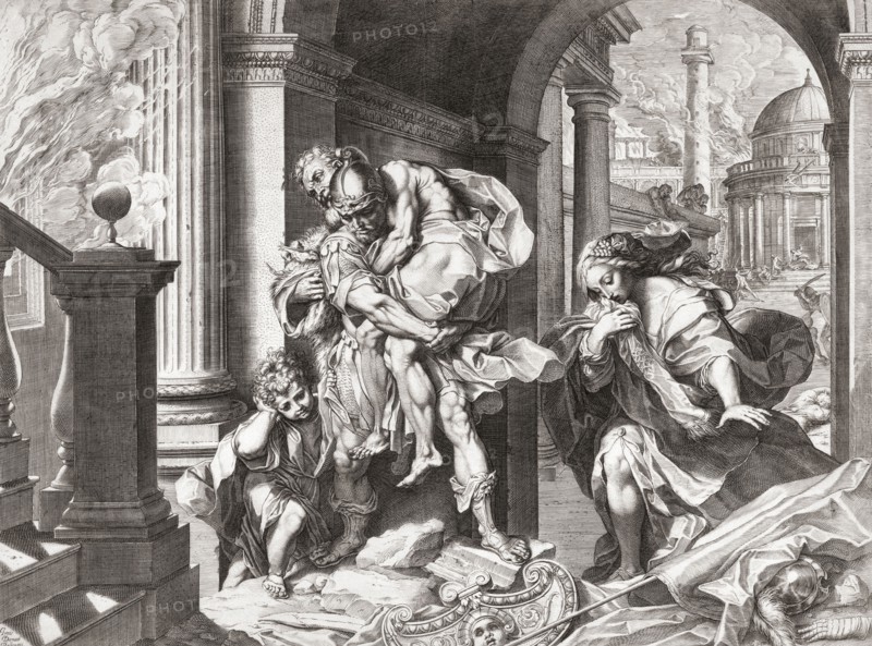 As Troy burns behind him Trojan hero Aeneas and his family flee.