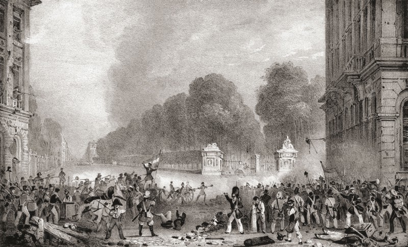 An incident on a barricade in the Place Royale facing the Parc de Bruxelles.