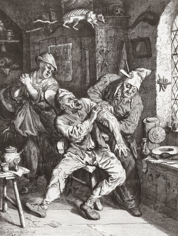 A surgeon performs an operation on a man's arm while a distraught woman watches.