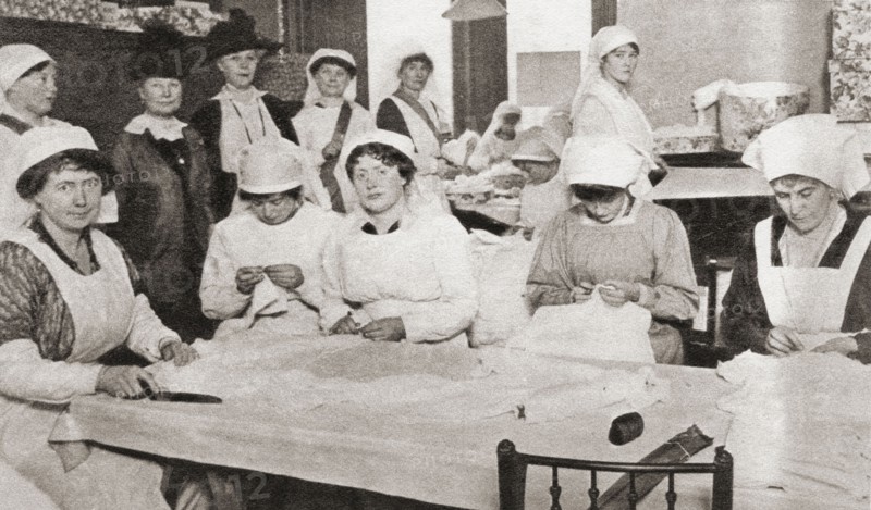 Rooms in Mayfair mansions turned into workrooms for the manufacture of hospital requisites during WWI.