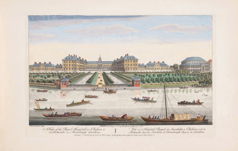 A view of the Royal Hospital at Chelsea & the Rotunda in Ranelaigh Gardens.