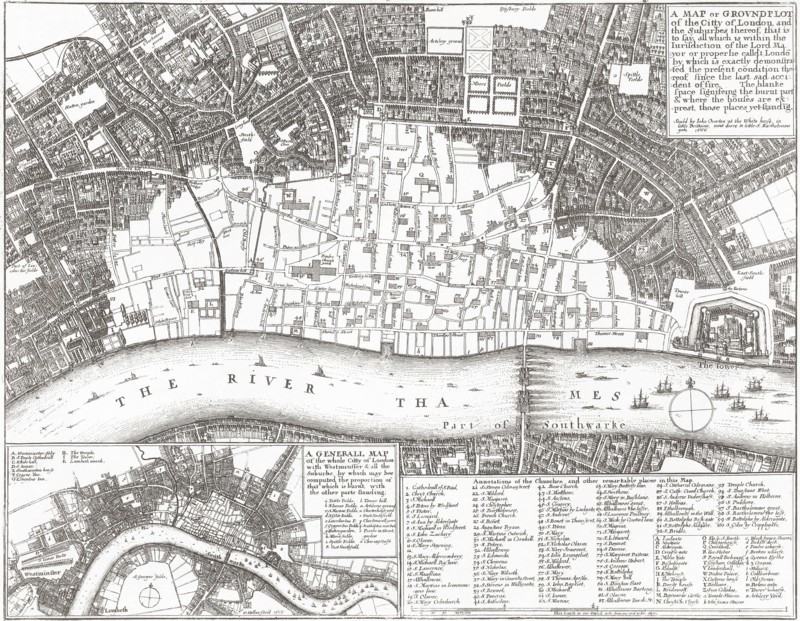 Map showing the extent of the damage caused by the Great Fire of London.