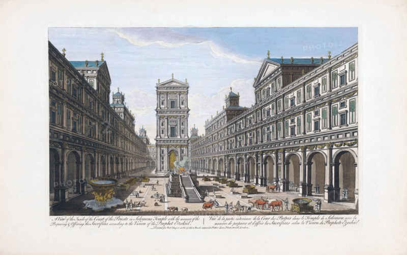 A View of the Inside of the Court of the Priests in Solomon's Temple with the manner of the Preparing and Offering the Sacrifices according to the Vision of the Prophet Ezekiel.