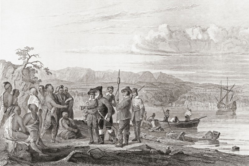 In 1609, Henry Hudson offers liquor to the Indians on the North River, now known as the Hudson River.