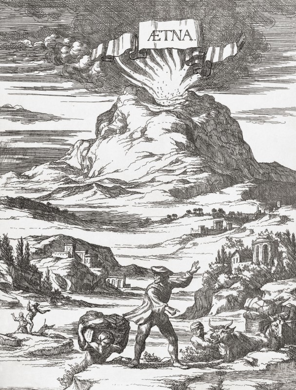 People fleeing an eruption of Mt. Etna volcano.