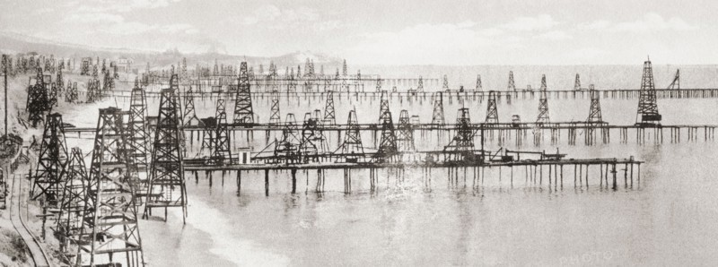 Oil wells drilled into the bed of the Pacific ocean at Summerland.