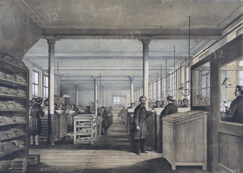 A 19th century European print shop.