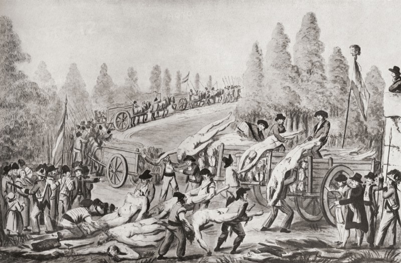 Unloading the bodies of victims during the French Revolution.