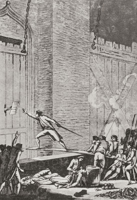 Stanislas Maillard bravely climbing on a plank over the dry moat surrounding the fortress to accept from one of the soldiers Launay's capitulation of the Bastille.
