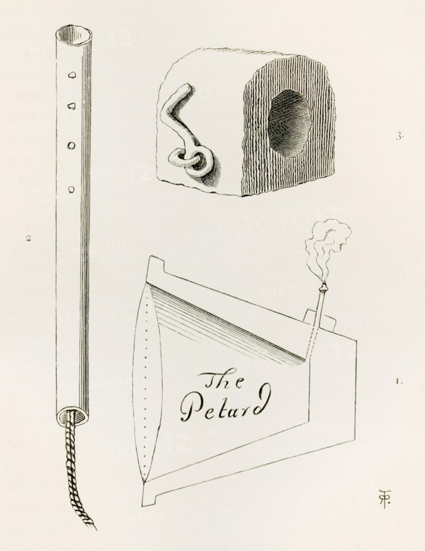 Types of Petards, or small bombs, usually conical or rectangular metal objects containing gunpowder.