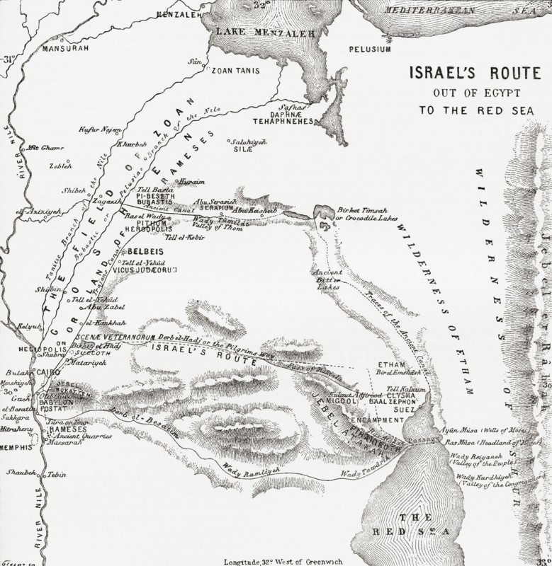 Map Showing The Israelites Route To The Red Sea During Their Exodus From Egypt.
