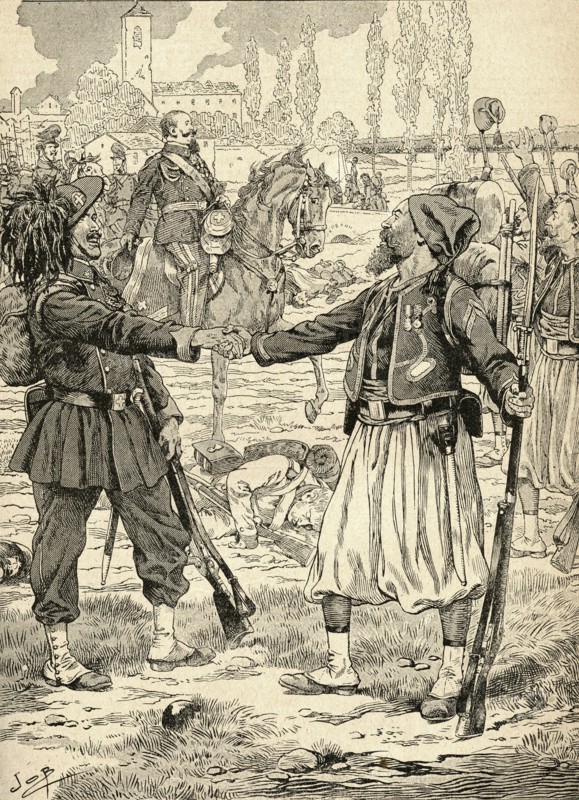 French and Sardinian soldiers shaking hands to celebrate their victory against the Austrians after the Battle of Palestro.