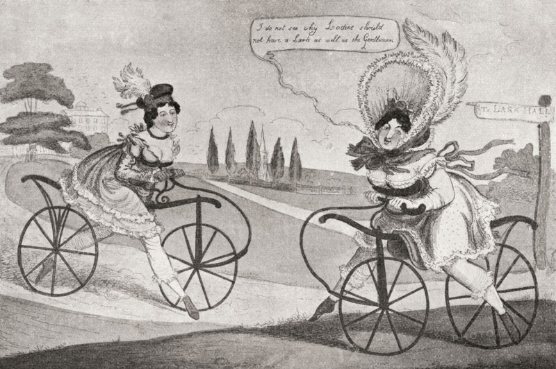Two 19th century English ladies on bicycles.