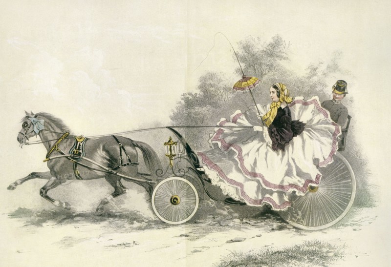 Lady wearing a crinoline and driving a 19th century horse and landau.
