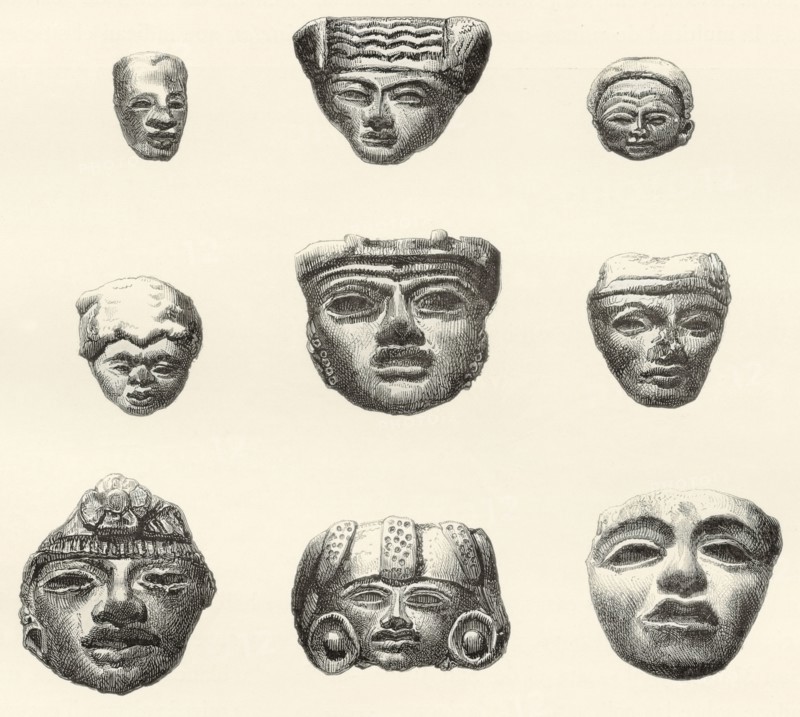 Stone Heads And Masks Found At Teotihuacan.