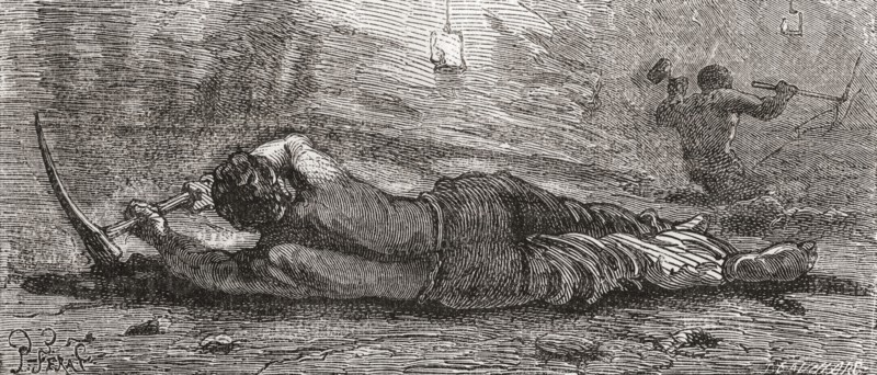 Miner Digging At Coal Mine Coalface In The 19th Century.