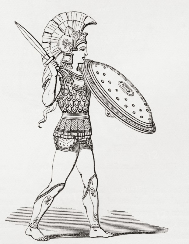 Helmeted Greek Warrior Wearing Greaves And Armour Holding A Clipeus Shield And Sword.