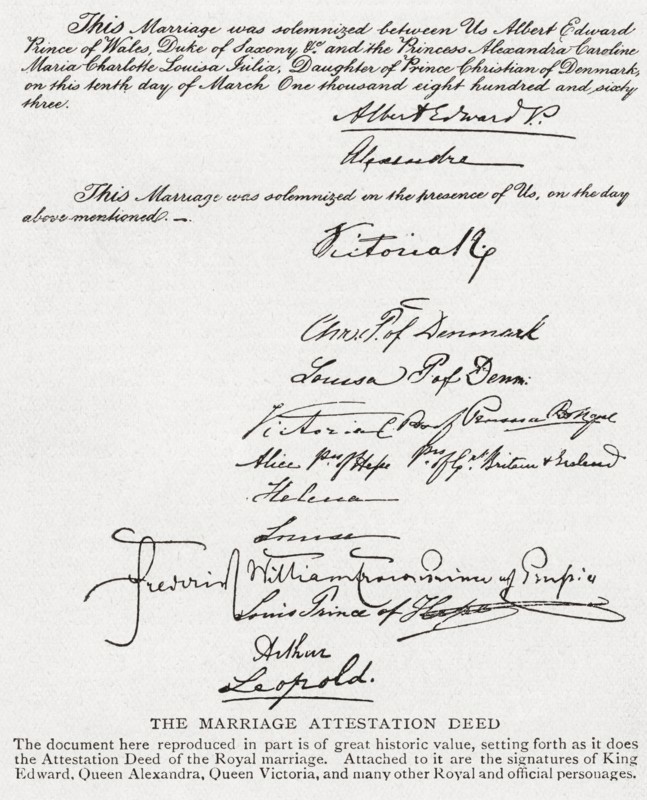 Part of The Attestation Deed of the royal marriage in 1863 between Albert Edward.