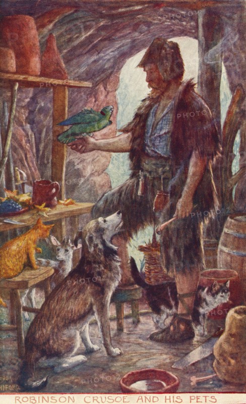 Robinson Crusoe and his pets.