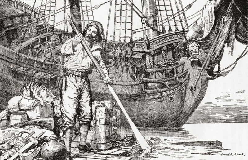Robinson Crusoe rowing to safety on a raft after being shipwrecked.