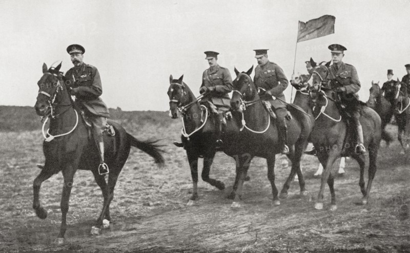King George V and Lord Kitchener arriving at the parade ground near Aldershot for an inspection of Irish Soldiers.