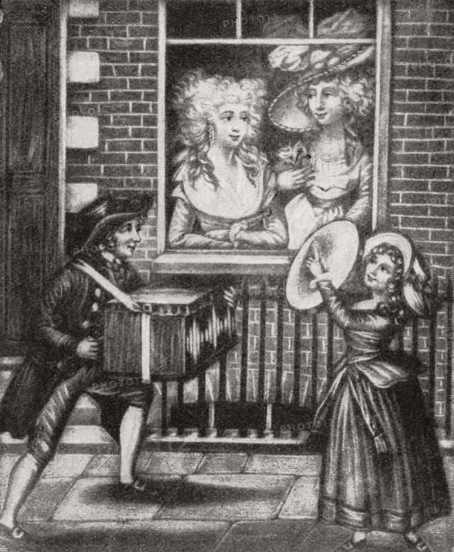 Two prostitutes look out of the window of an 18th century English brothel.