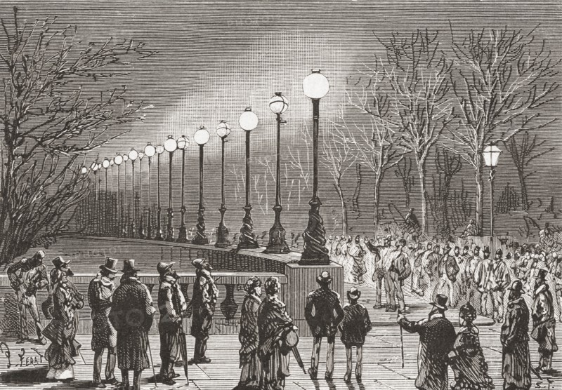 Crowds admiring the electric lights on Victoria Docks.