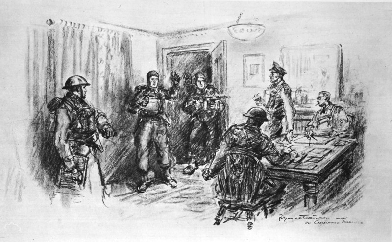 A commando surprises a Brigadier and his stgaff.