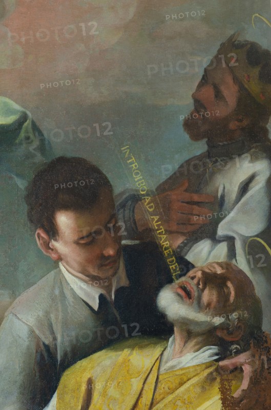 Francesco Silva (attrib.), Saints Louis King of France, Andrea Avellino and Emilio at the foot of the Cross