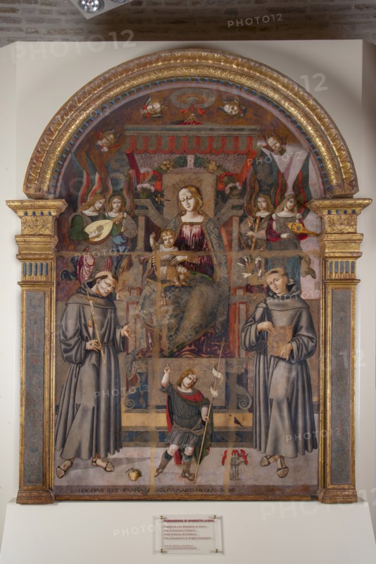Bernardino di Mariotto, Madonna with Child Enthroned, St. Francis of Assisi, St. Anthony of Padua, St. John the Baptist and musician