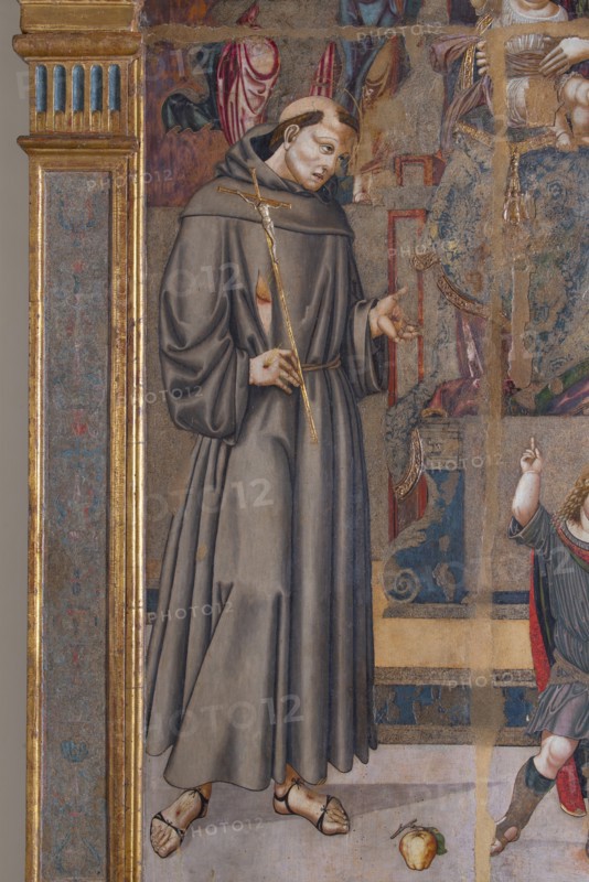 Bernardino di Mariotto, Madonna with Child Enthroned, St. Francis of Assisi, St. Anthony of Padua, St. John the Baptist and musician