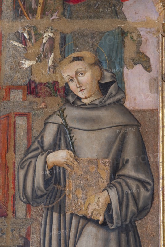 Bernardino di Mariotto, Madonna with Child Enthroned, St. Francis of Assisi, St. Anthony of Padua, St. John the Baptist and musician