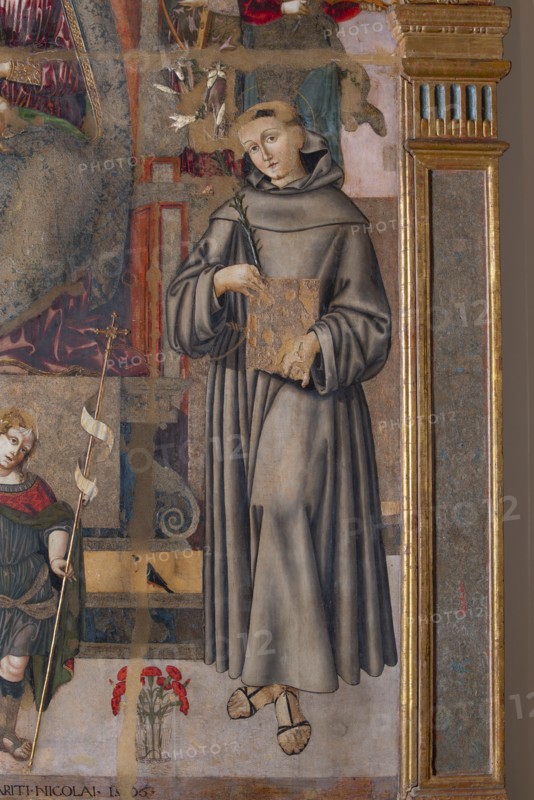 Bernardino di Mariotto, Madonna with Child Enthroned, St. Francis of Assisi, St. Anthony of Padua, St. John the Baptist and musician