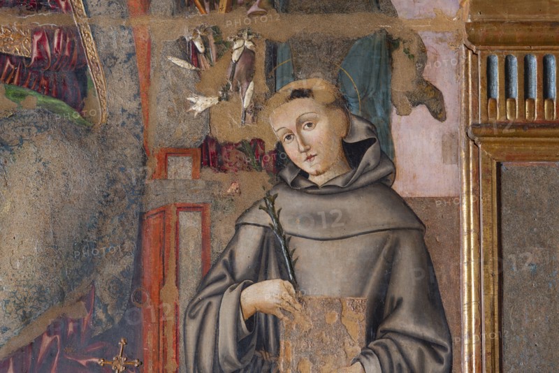 Bernardino di Mariotto, Madonna with Child Enthroned, St. Francis of Assisi, St. Anthony of Padua, St. John the Baptist and musician