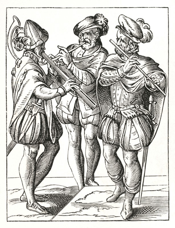 German musicians playing on the flute and goat's horn