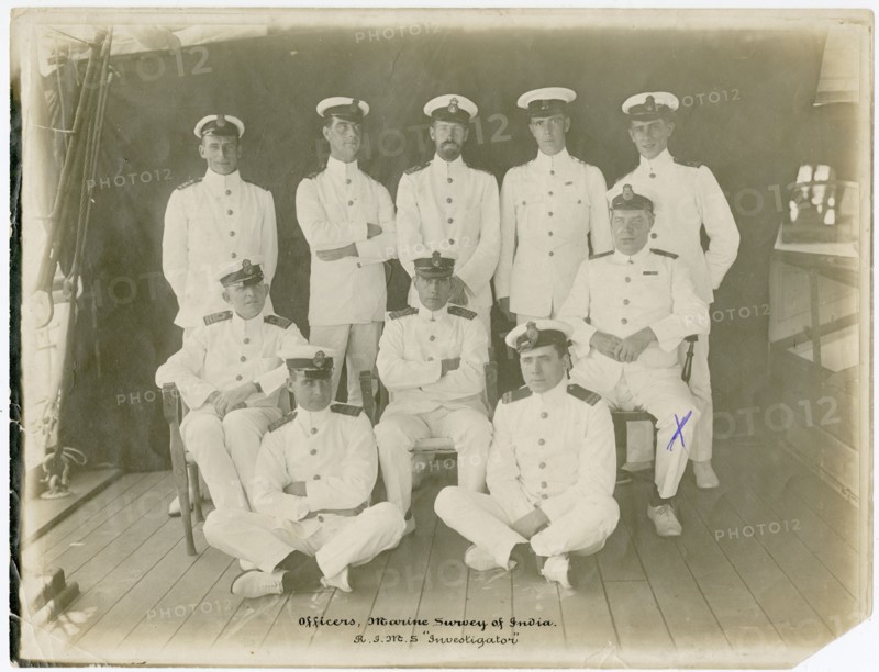 Group photograph of Officers from the Marine Survey of India on the RIMS Investigator, including George Ellis Wood.