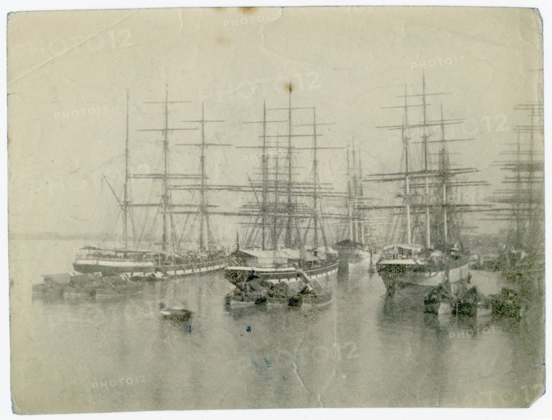 Docked sailing ships, Hooghly River, Calcutta