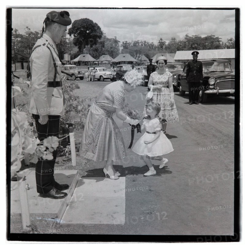 HM the Queen Mother at Cameronians (Scottish Rifles) Camp, Nairobi
