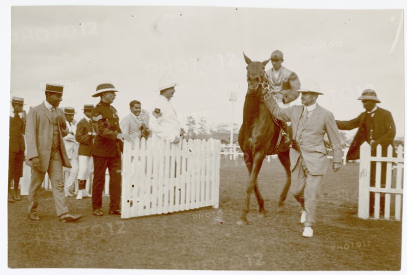 Group of men with jockey on horse, Colombo