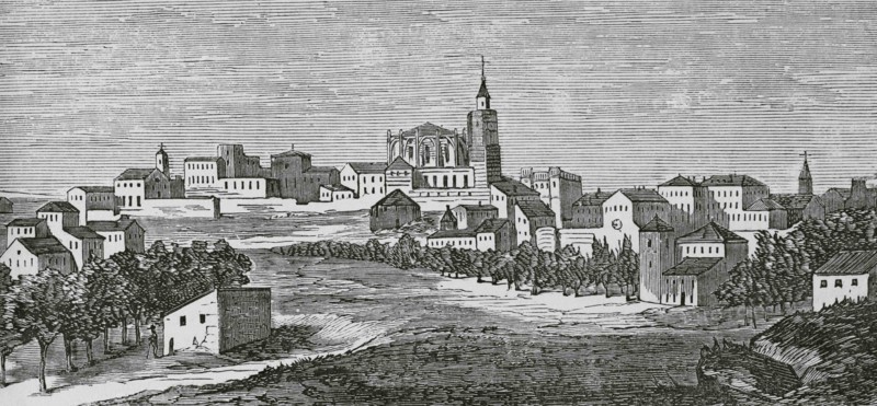 Spain, Aragon, Huesca. Panoramic view. Engraving, 19th century. Cronica General de España, Historia Ilustrada y Descriptiva de sus Provincias. Aragon, 1866.