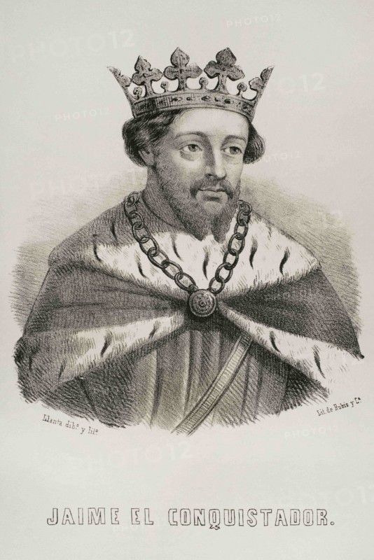 James I the Conqueror (1208-1276). Count of Barcelona and King of Aragon (1213-1276), Valencia (1239-1276) and Majorca (1229-1276). Illustration by Santaigo Llanta. Portrait. Lithography. Cronica General de España, Historia Ilustrada y Descriptiva de sus Provincias. Aragon, 1866.