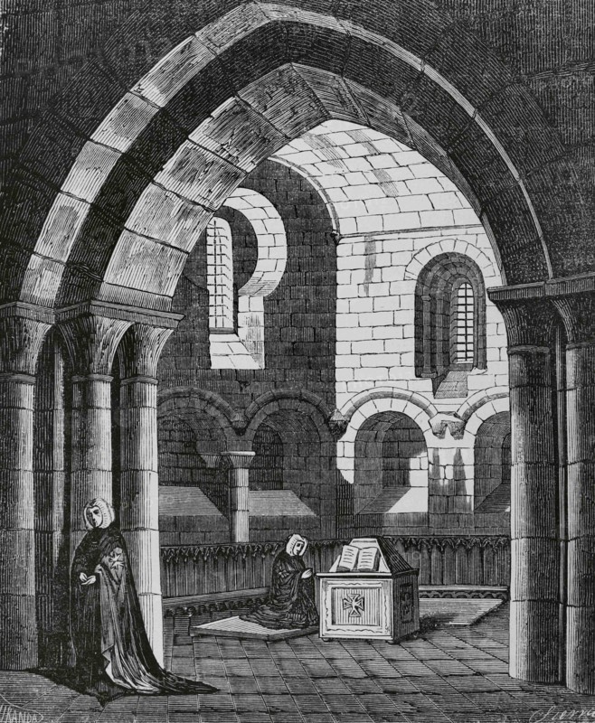 Spain, Aragon, Huesca province. Royal Monastery of Santa Maria de Sigena. Chapel of San Pedro. Monastery for Hospital Nuns. Illustration by Fernando Miranda. Engraving by Sierra. Cronica General de España, Historia Ilustrada y Descriptiva de sus Provincias. Aragon, 1866.