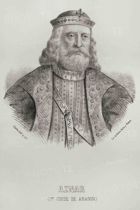 Aznar I Galindez (d. 839). Count of Aragon (809-820), Cerdanya and Urgell (820-839). Portrait. Illustration by Santiago Llanta. Lithography. Cronica General de España, Historia Ilustrada y Descriptiva de sus Provincias. Aragon, 1866.