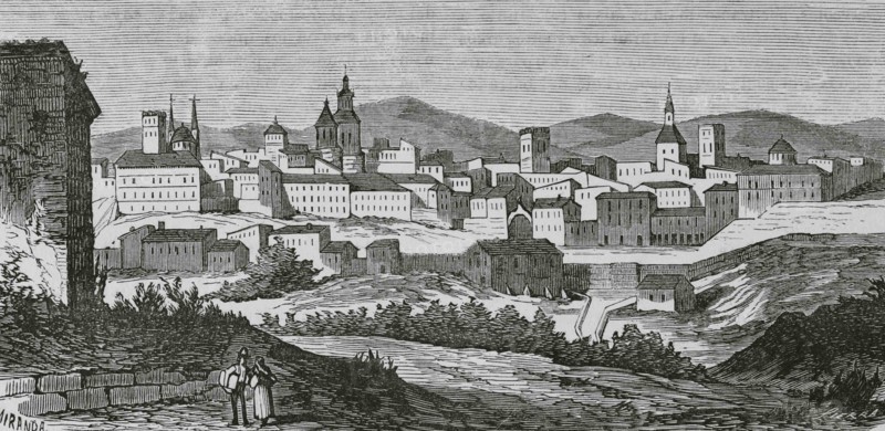 Spain, Aragon, Teruel. View of the city. Illustration by Fernando Miranda. Engraving by Sierra. Cronica General de España, Historia Ilustrada y Descriptiva de sus Provincias. Aragon, 1866.