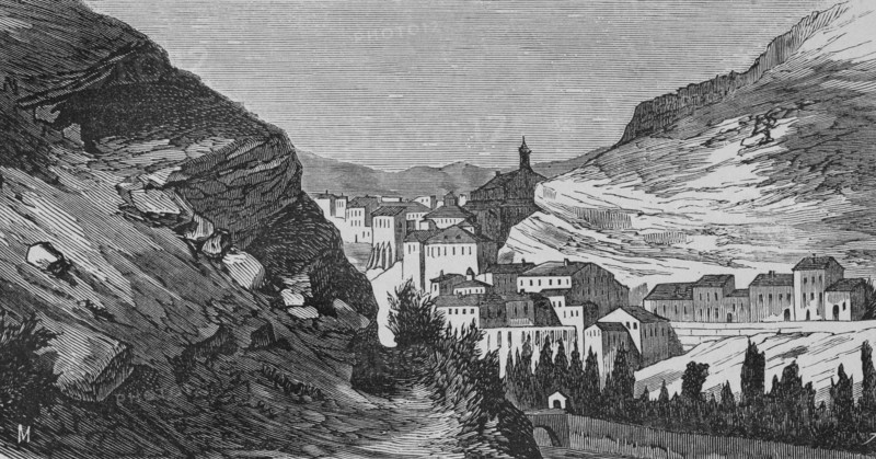 Spain, Aragon, Teruel province, Albarracin. General view of the village. Engraving by Sierra. Cronica General de España, Historia Ilustrada y Descriptiva de sus Provincias. Aragon, 1866.